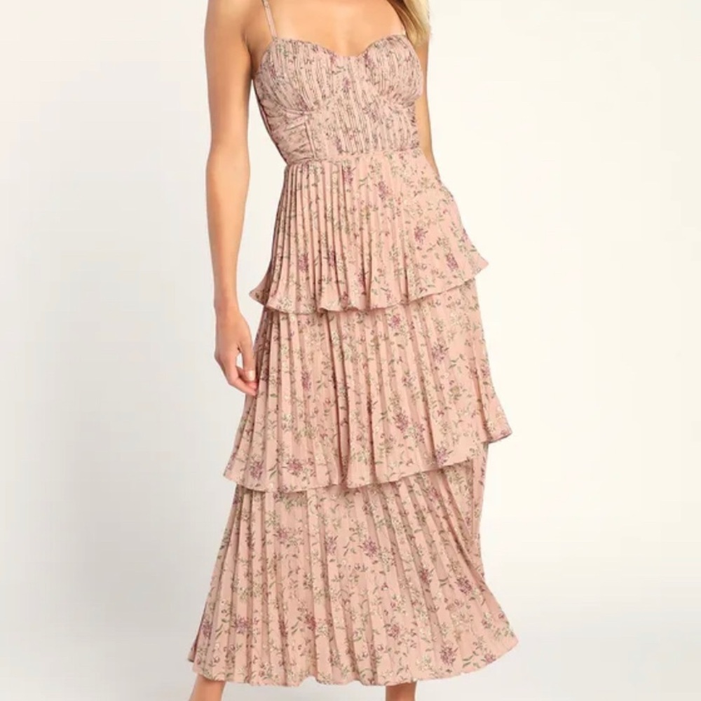 Lulus Dress: Cascading Crush Pink Floral Print Tiered Bustier Midi Dress